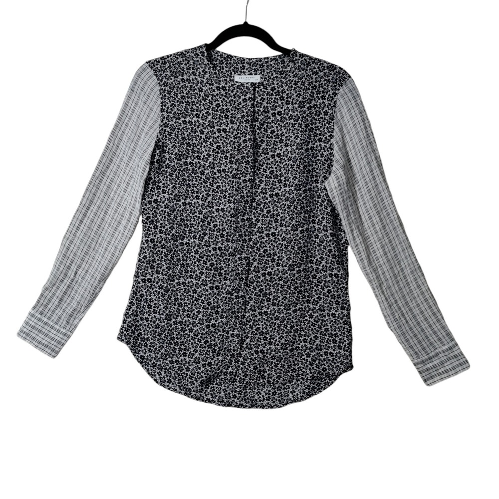 Equipment Femme Silk Blouse Floral Plaid Mixed Media Top Black White Q1006-E368E